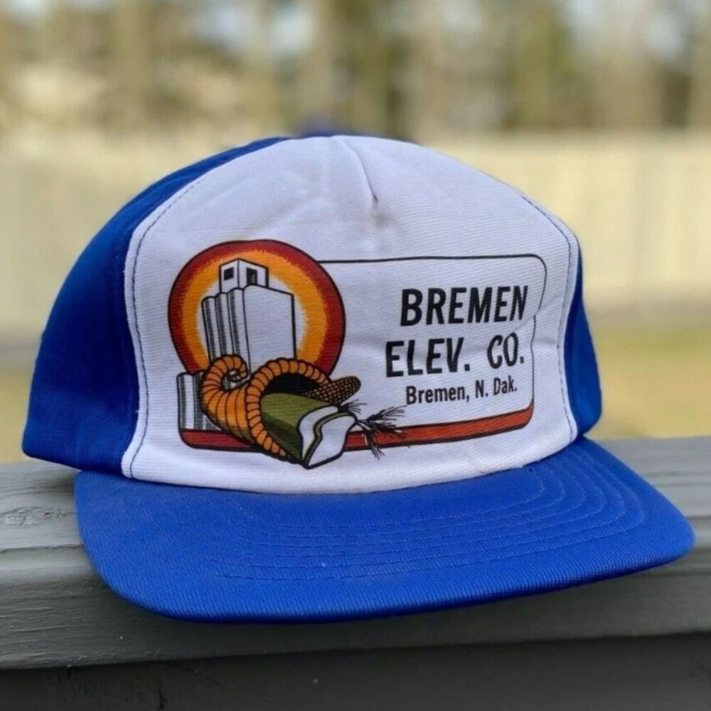 Vintage Farmer Hat Cap Snapback Blue Bremen Elev. Co. Bremen North Dakota Foam